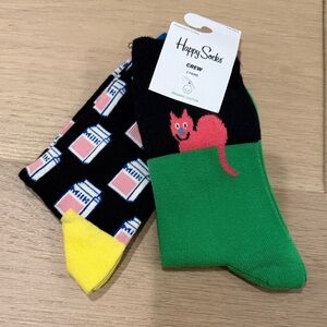 NWT Happy Socks Kids Crew Socks - two pairs - cat and milk size 7-9